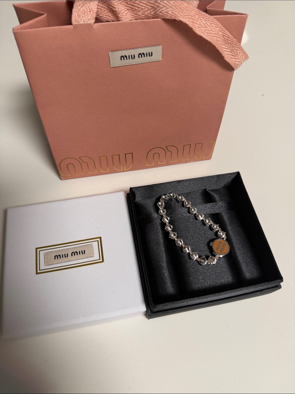 Miu Miu Silver Crystal Bead Bracelet with Branded Charm